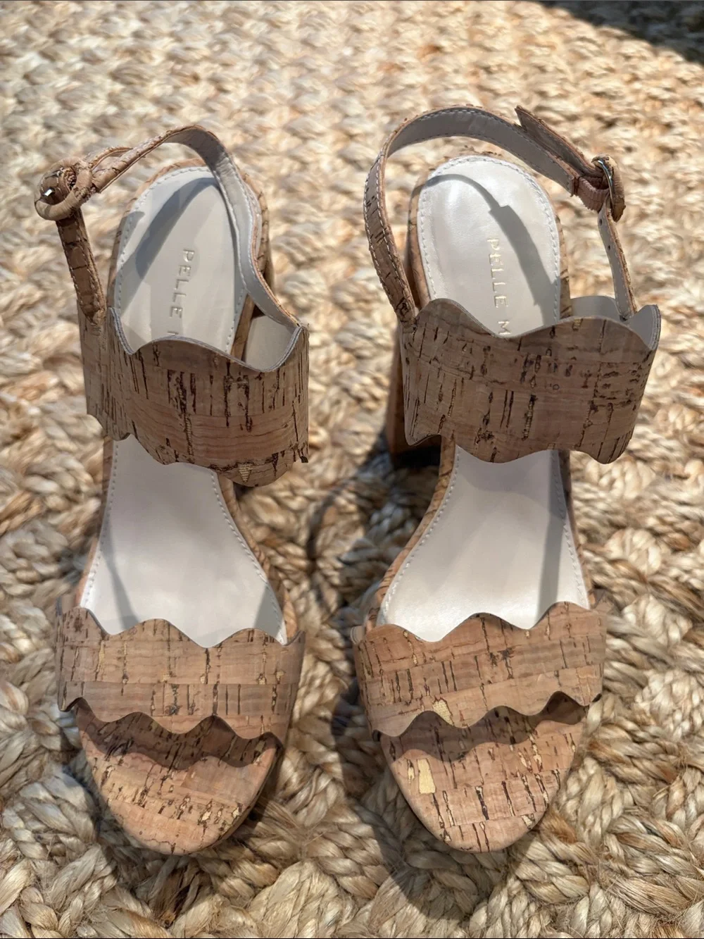 Pelle Moda Cork Platform Scalloped Strap Sandals - Tan